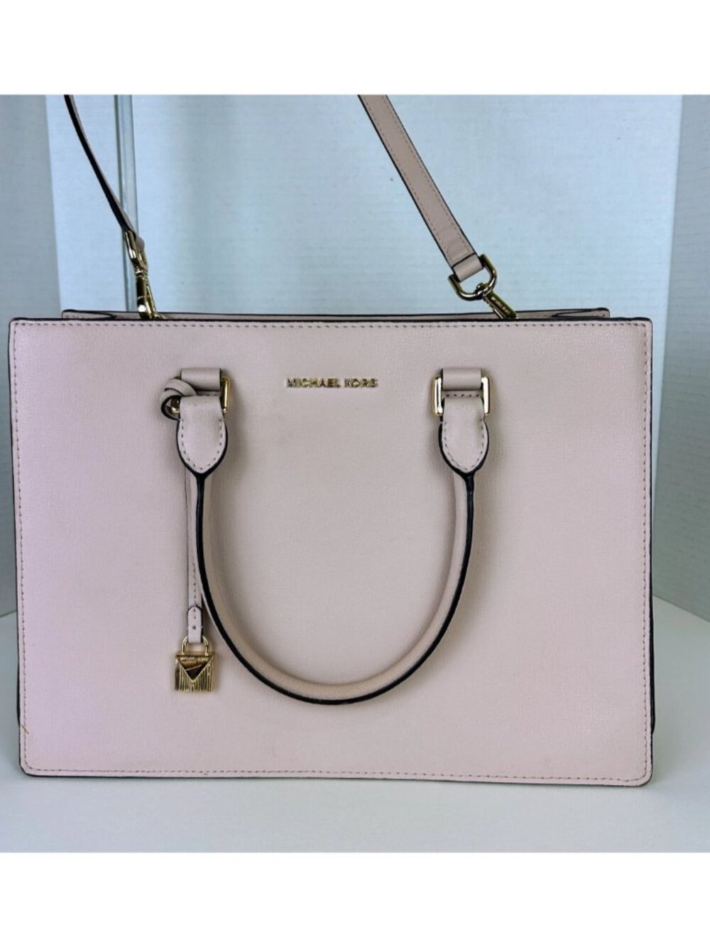 Michael Kors Medium Sutton Gusset Satchel Crossbody Handle Bag Soft Pink w Charm